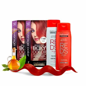 Hellawell Professional Care BOXY COLOR Permanent Hair Dye Kit - 7.45 Mahogany Copper Blonde with Red Color Shampoo & Conditioner for Gray Coverage - 8.11oz