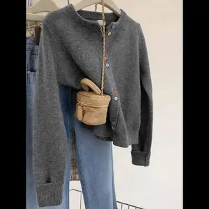 Women's Soft Knit Cardigan with Colorful Buttons, Long Sleeve Round Neck Loose Sweater, Casual Spring/autumn/winter Wear