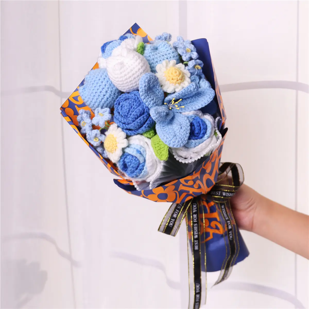 Handmade Crochet Blue flowers bouquet,Decorative Roses for home party wedding anniversary festival,1 count