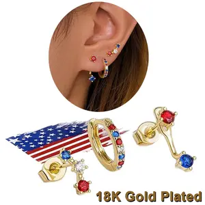 3Pcs Exquisite Shiny Colorful Cubic Zirconia Ear Stud Set Luxurious 18K Gold Plated Independence Day Red Blue White Stackable Earrings National Day Party Jewelry Versatile Daily Wear Gift