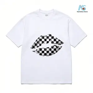 Womens Cotton Short Sleeve Graphic Tee Black And White Checkered Lips Print Casual Summer Top Crew Neck Soft Breathable Streetwear Outfit