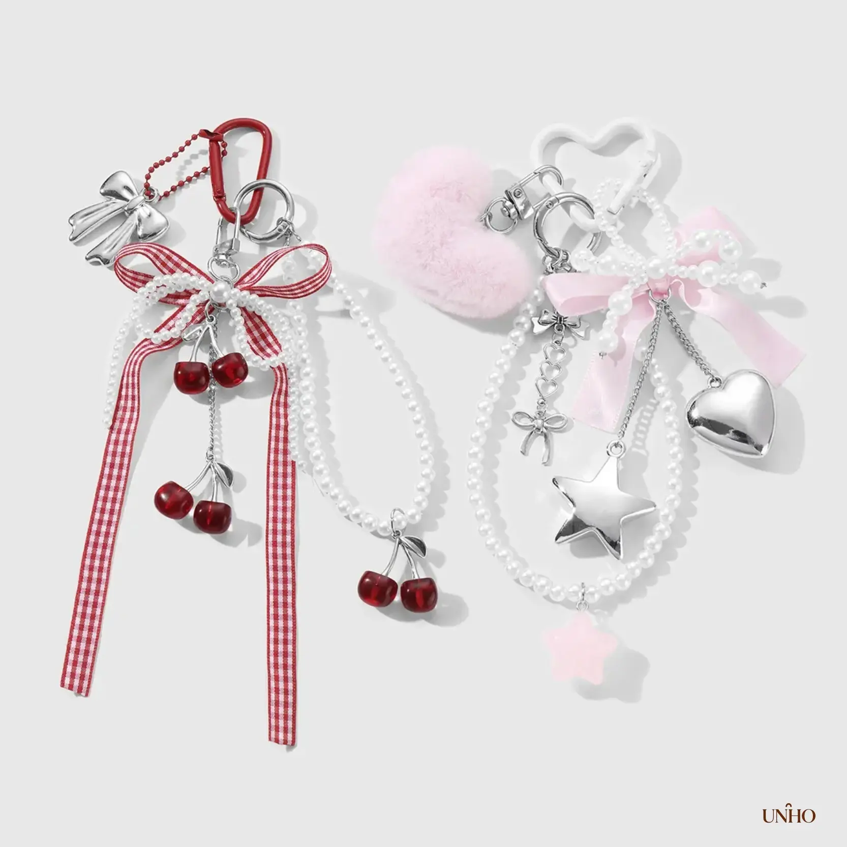 1Pc Viral Instagram Sweet Cute Handmade Beaded Key Ring Bag Charm For Girls, DIY Pendant With White Faux Pearls Multicolor Ribbon Bow Plush Heart Star Cherry, Versatile Daily Accessory & Lovely Holiday Gift