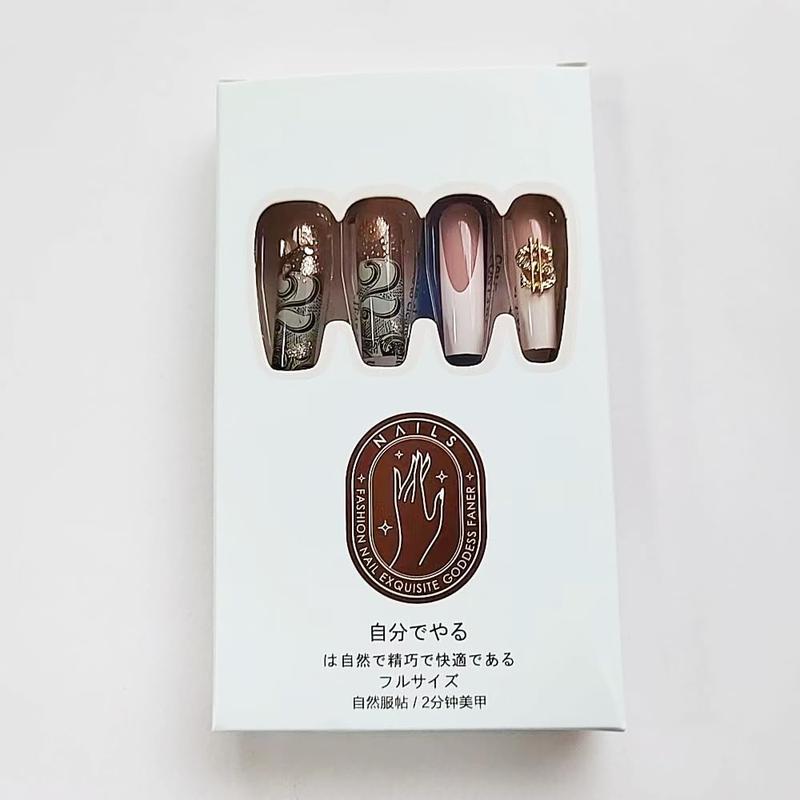 French Tip Press on Nails Long Square Fake Nails Pink Acrylic False Nails with 5D Heart Rhinestones Charms Designs Gold Dollar Symbol Charms Artificial Nails Glitter Stick on Nails for Women 24Pcs