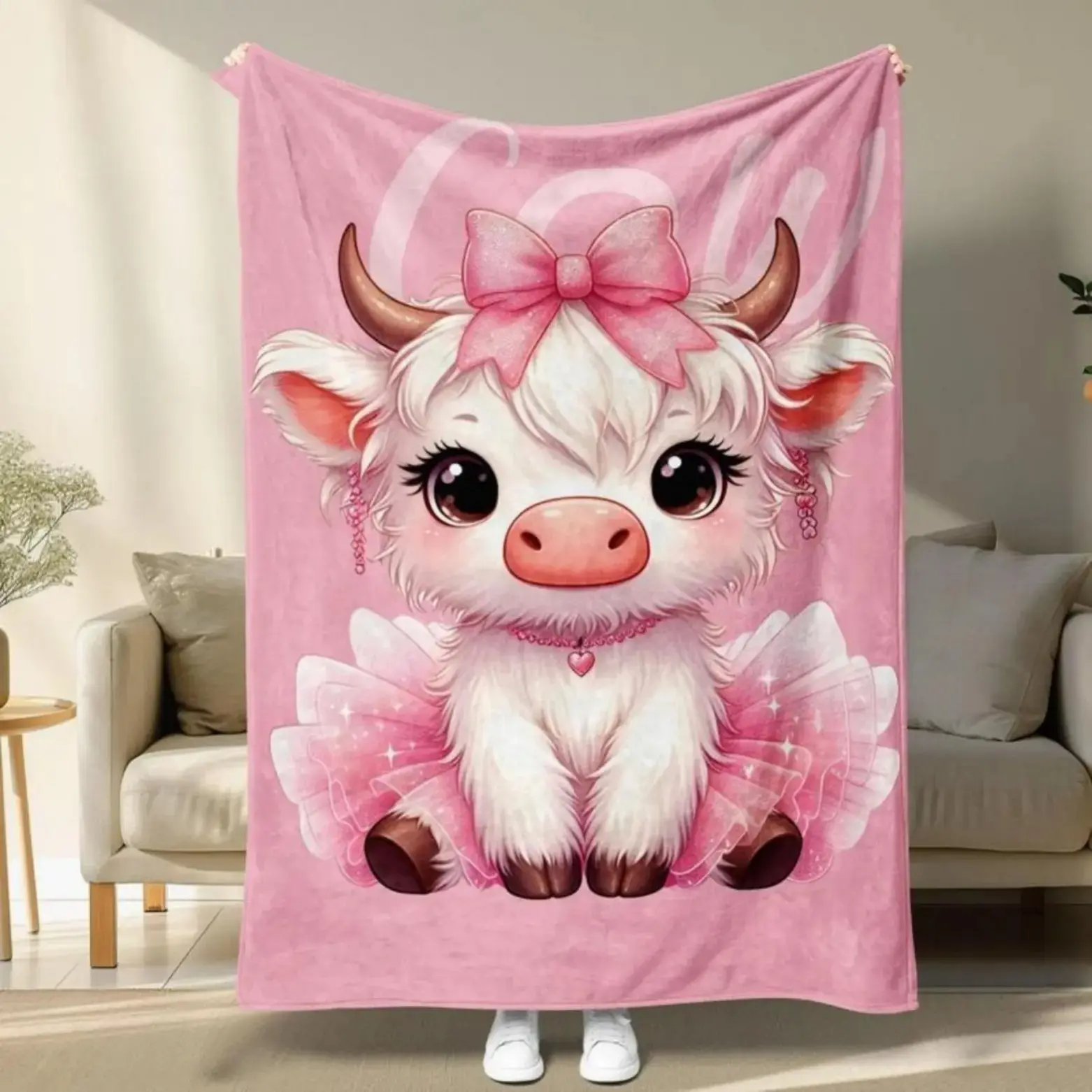12-Count Highland Cow Pattern Soft Throw, Ideal Gift for Family, Warm Napping Bedding for Home Office Travel
