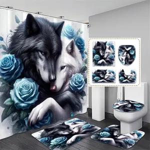Wolf & Rose Pattern Bathroom Decor Set, 1 Set Waterproof Shower Curtain with 12 Hooks, Bathroom Accessories, Shower Curtain Sets, Home Decor Supplies