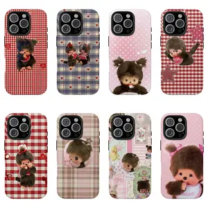 Monchichi Polka Dots Mix Leopard Striped Tough Shockproof Rugged Protective Cover, Military Grade Drop Protection, Cute Monchichi Leopard Design for iPhone 11 12 13 14 15 16 17 Pro Pro Max Plus