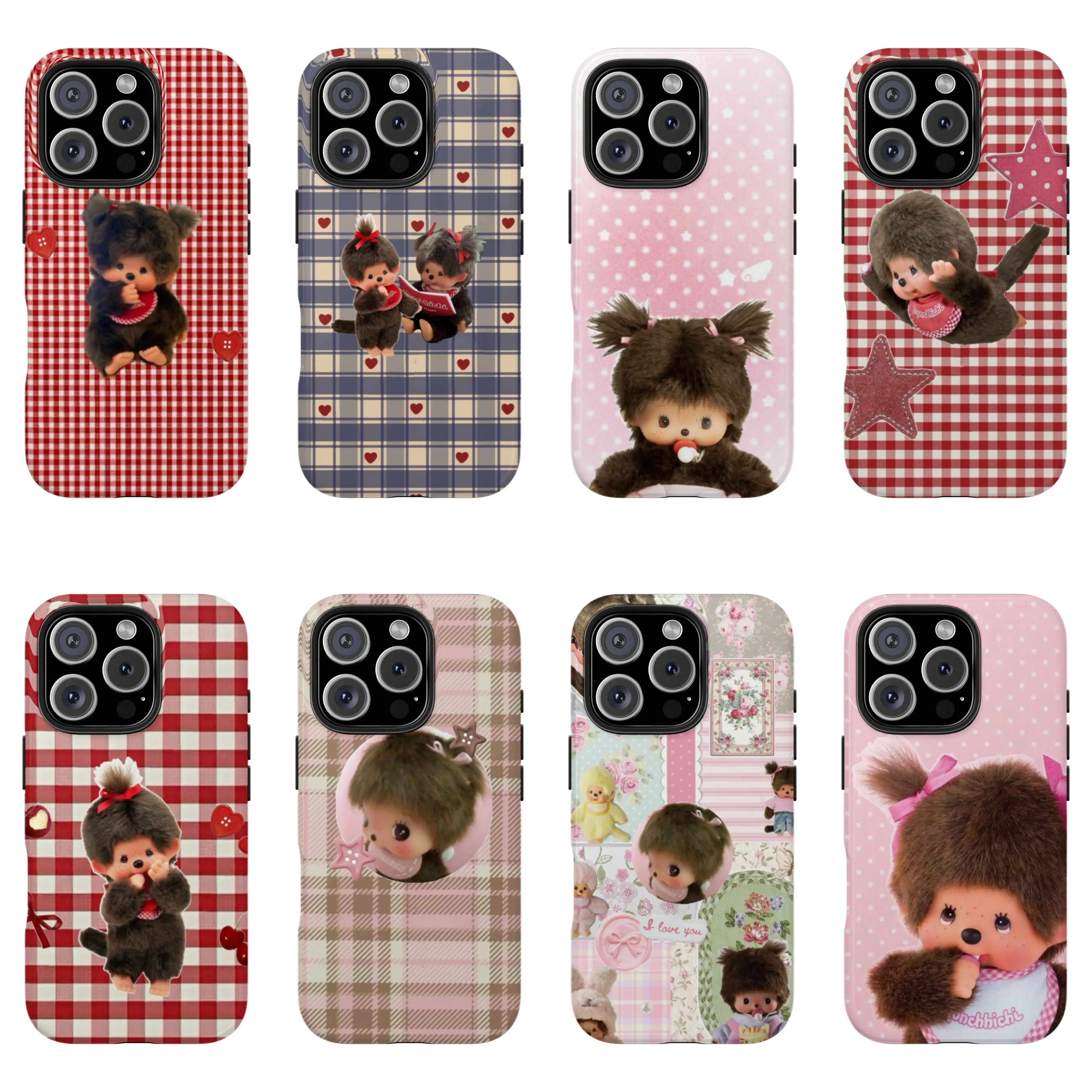 Monchichi Polka Dots Mix Leopard Striped Tough Shockproof Rugged Protective Cover, Military Grade Drop Protection, Cute Monchichi Leopard Design for iPhone 11 12 13 14 15 16 17 Pro Pro Max Plus