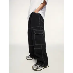 1pc Men'S Street Style Cotton Blend Loose Fit Wide Leg Jeans with Large Pockets - Washed Solid Color Non-Stretch Fabric for Hip-Hop, Skateboarding