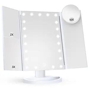 [New Deal] Makeup Mirror Vanity Mirror with Lights, Trifold Makeup Mirror with 21 LED Lights, 10X/3X/2X Magnification, Dual Power Supply Decor