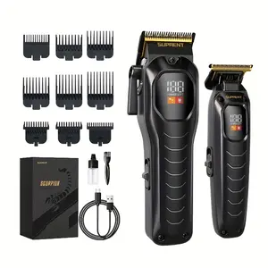 2-in-1 Men's Hair Cutting Kit - High-Speed Motor with Zero-Gap T-Blade, LCD Display, Wireless Rechargeable Design, Comes with 9 Guide Combs & Accessories for Home, Salon Or Gift Use