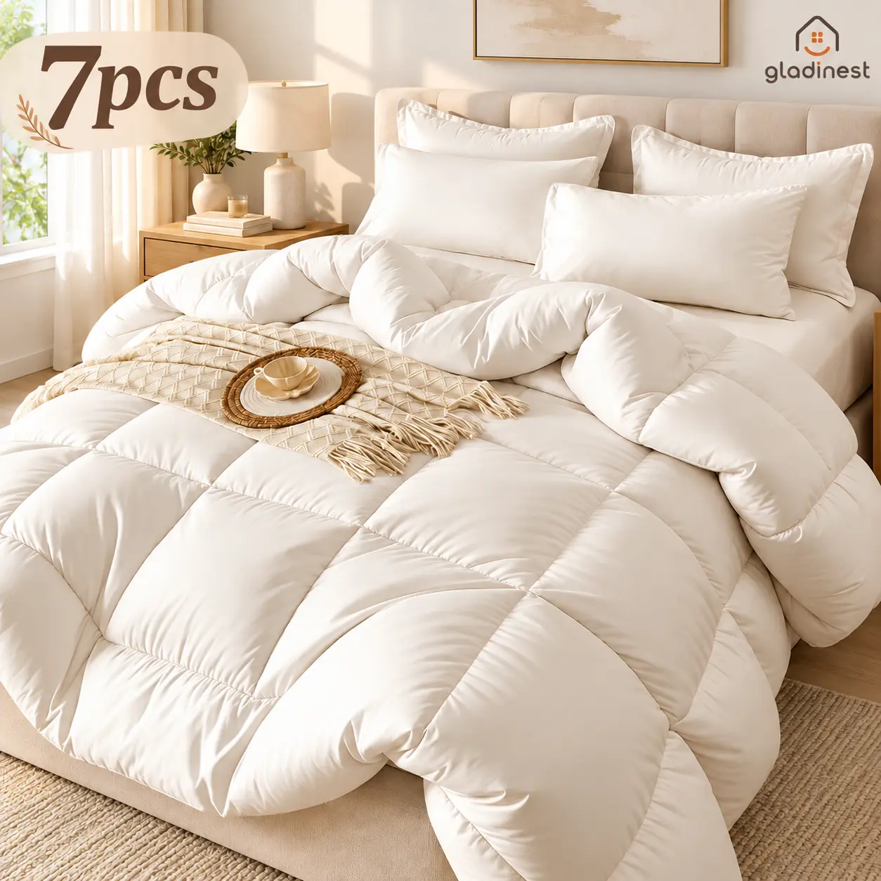 7/5-Piece Soft Checkered Comforter Set – Breathable Luxury Bedding with Comforter, Fitted Sheet, Flat Sheet & Pillowcases, Machine Washable Bed-in-a-Bag Set, Family Gift