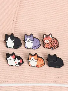 Six-Color Cuddly Cat Enamel Pin Clip Set, Leopard Calico Cow Stripes, Multi-Breed Design, Healing Accessory for Cat Lovers