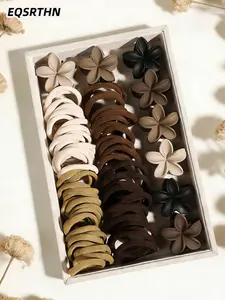 108pcs flower clip hairband set, Maillard color and French lazy style. Multicolor high elastic seamless hair ring and delicate flower small grip clip, environmentally friendly matte material, delicate touch and advanced. Making Korean meatball head or ret