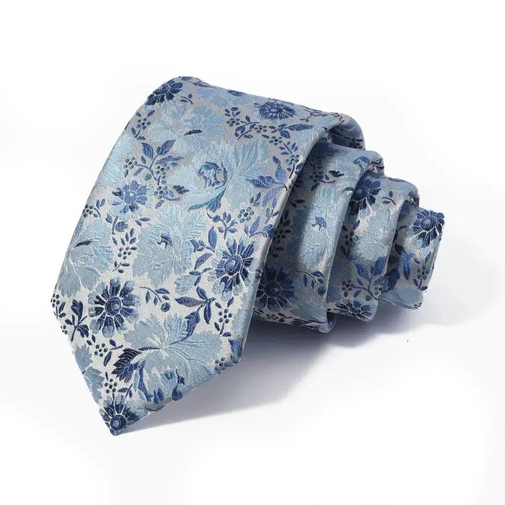 Men's Light Blue Floral Jacquard Necktie - Vintage Blue Flower Formal Tie for Wedding Party Business