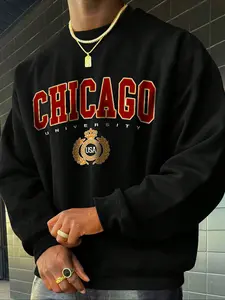 Men's Chicago Graphic Print Crew Neck Long Sleeve Sweatshirt, Casual Loose Fit Spring & Fall Pullover, Daily Wear Men's Top