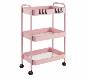Pink 3-Tier Rolling Storage Organizer with Lockable Wheels, Mesh Shelves - Heavy-Duty Mobile Utility Cart for Office, Kitchen - Large-Capacity Multi-Purpose Desk Organizer