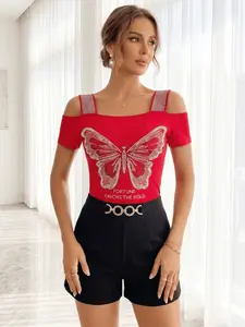 Summer Fashion Sparkling Rhinestone Top, Sexy One Shoulder Short Sleeve, High Stretch Soft Mesh Fabric, Casual Daily Wear, Womenswear