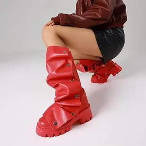Women's Black Mid Calf Boots Fold Over Chunky Heel Ankle Boots Wide Calf Pull-On Shark Boots Goth Punk