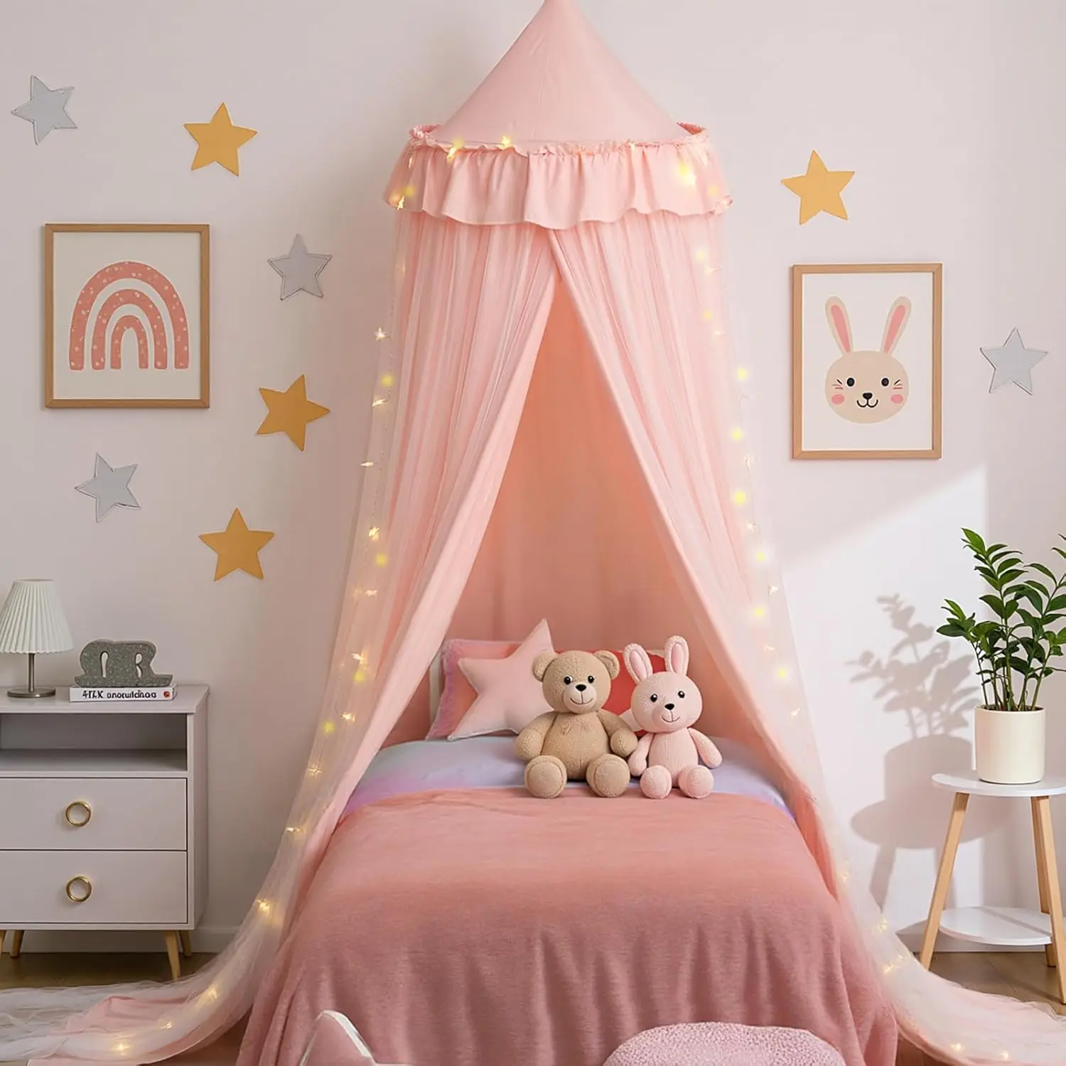 Anti Bug Mosquito Net for Child - Breathable 26''x125'' Twin Canopy, Machine-Washable, 20ft LED Sky Star-Shaped Lights String, Starry Tent Glow to Create a Fun Play Area, Princess Play Tent