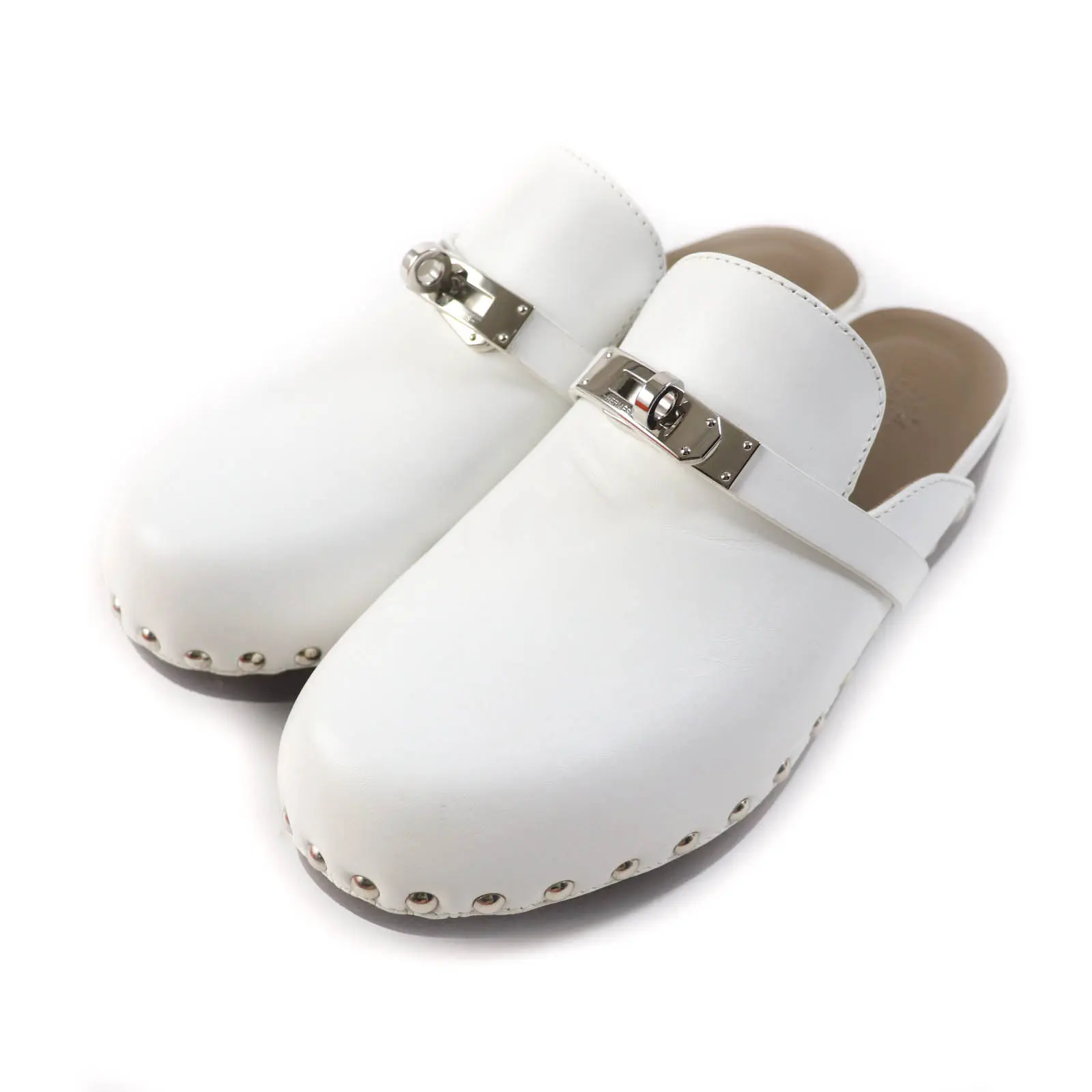 Pre-owned HERMÈS Calfskin Small Leather Goods Hermes Carlotta Silver Kelly Buckle Mule