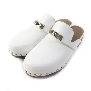 Pre-owned HERMÈS Calfskin Small Leather Goods Hermes Carlotta Silver Kelly Buckle Mule