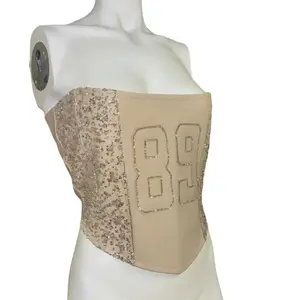 Breezy Bowl Leather Bling Corset - Beige Leather Base with "89" Stitching & Beaded Sequined Overlay - Casual Style