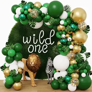 152pcs Jungle Balloons Garland Arch Kit, Green Gold Balloon Arch, Safari Balloons Dinosaur Party Decoration with Artificial Palm Leaves for Animal Wild One Birthday Baby Shower Supplies