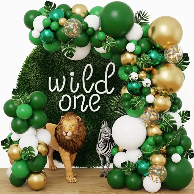 152pcs Jungle Balloons Garland Arch Kit, Green Gold Balloon Arch, Safari Balloons Dinosaur Party Decoration with Artificial Palm Leaves for Animal Wild One Birthday Baby Shower Supplies