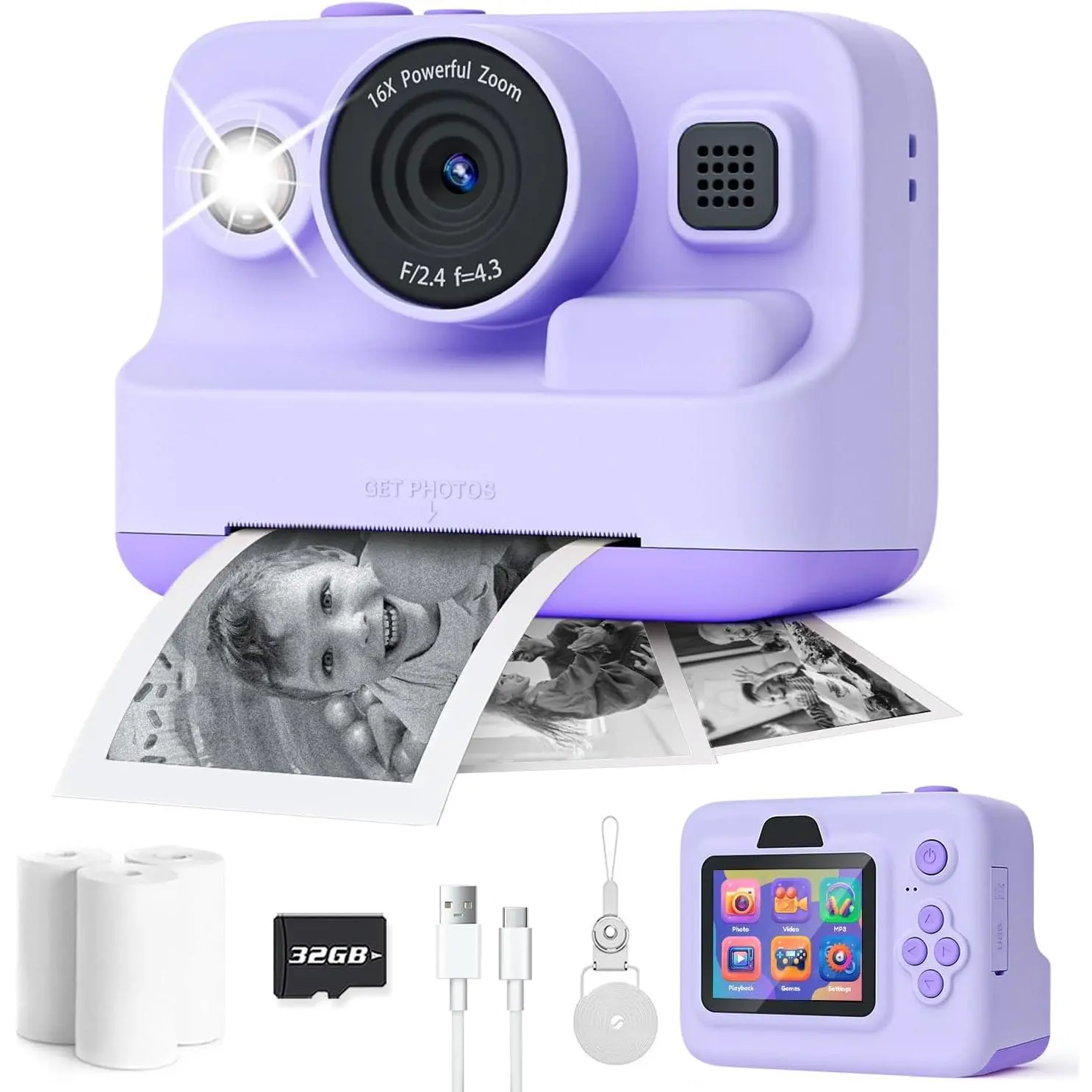 Instant Print Camera for ,2.4 Inch Screen  Instant Cameras, Christmas Birthday Gifts for   3-12, Portable   for 3 4 5 6 7 8 9 10 Year Old   Purple