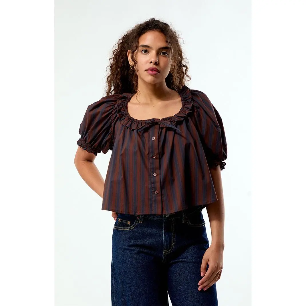 WEWOREWHAT Women's Striped Puff Sleeve Button Up Top