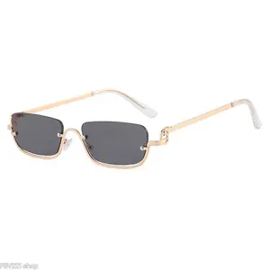 Rimless Narrow Rectangle Sunglasses for Women Y2K Style Gold Metal Frame UV Protection Trendy Shades for Streetwear Daily Wear