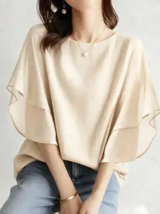 Summer New Short Sleeve Batwing Top Loose Women's Round Neck Casual Versatile Chiffon Blouse, Half Sleeve, H Type Silhouette, All Seasons Shirts