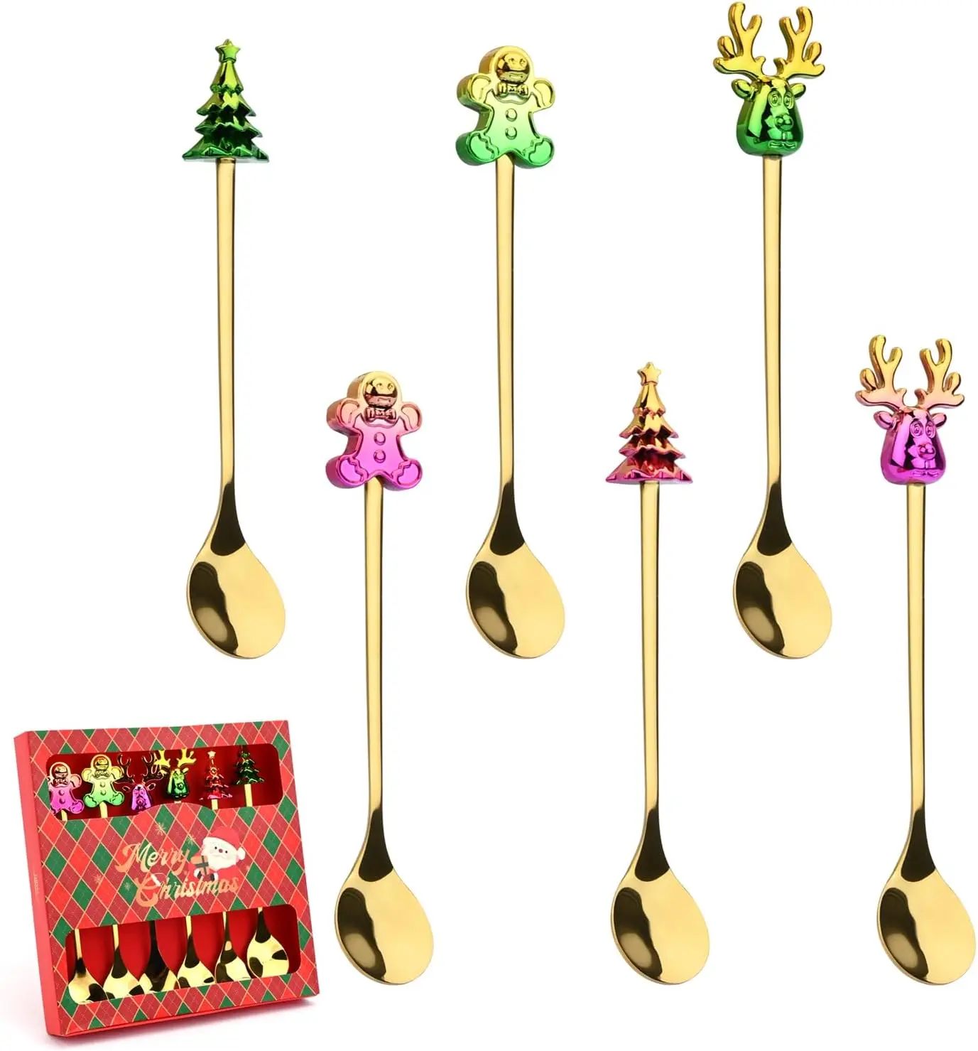 6 count Christmas Coffee Spoon Stainless SteelGradient Dazzling Color Christmas Spoon Xmas Spoons with Reindeer Christmas Tree Gingerbread Man for Coffee Dessert  Ice Cream Sundae (6)