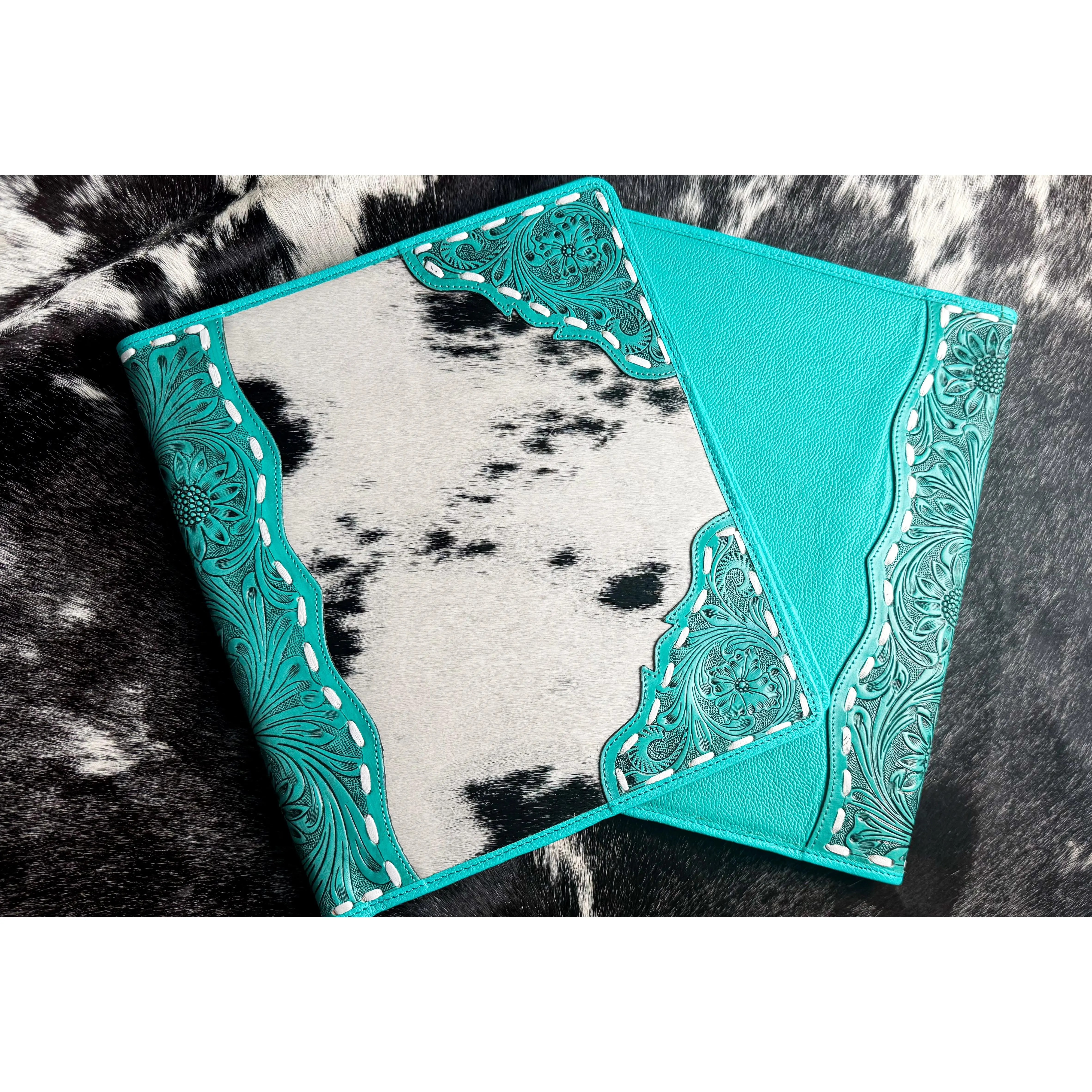 Genuine Leather Cowhide Padfolio | Turquoise Tooled Leather Portfolio Folder | Executive Portfolio Organizer