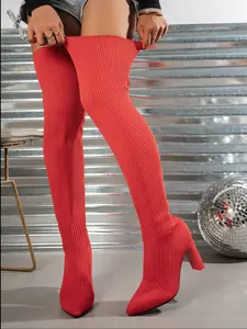 Women's Imitation Velvet Pointed Toe Platform Boots, Fashionable Over-The-Knee Booties, Stylish Single Color Design, Perfect Match for Jackets