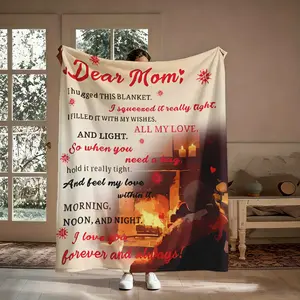 Lightweight Dear Mom Flannel Blanket, Breathable Soft Throw with Hug Symbol, All Season Blanket for Home Office, Heartwarming Gift for Mom