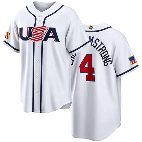 Men's USA #4 Crow-Armstrong White fully embroidered, stitched button-down sports jersey, USA World Baseball Classic flag fan jersey, athletic tops apparel jersey