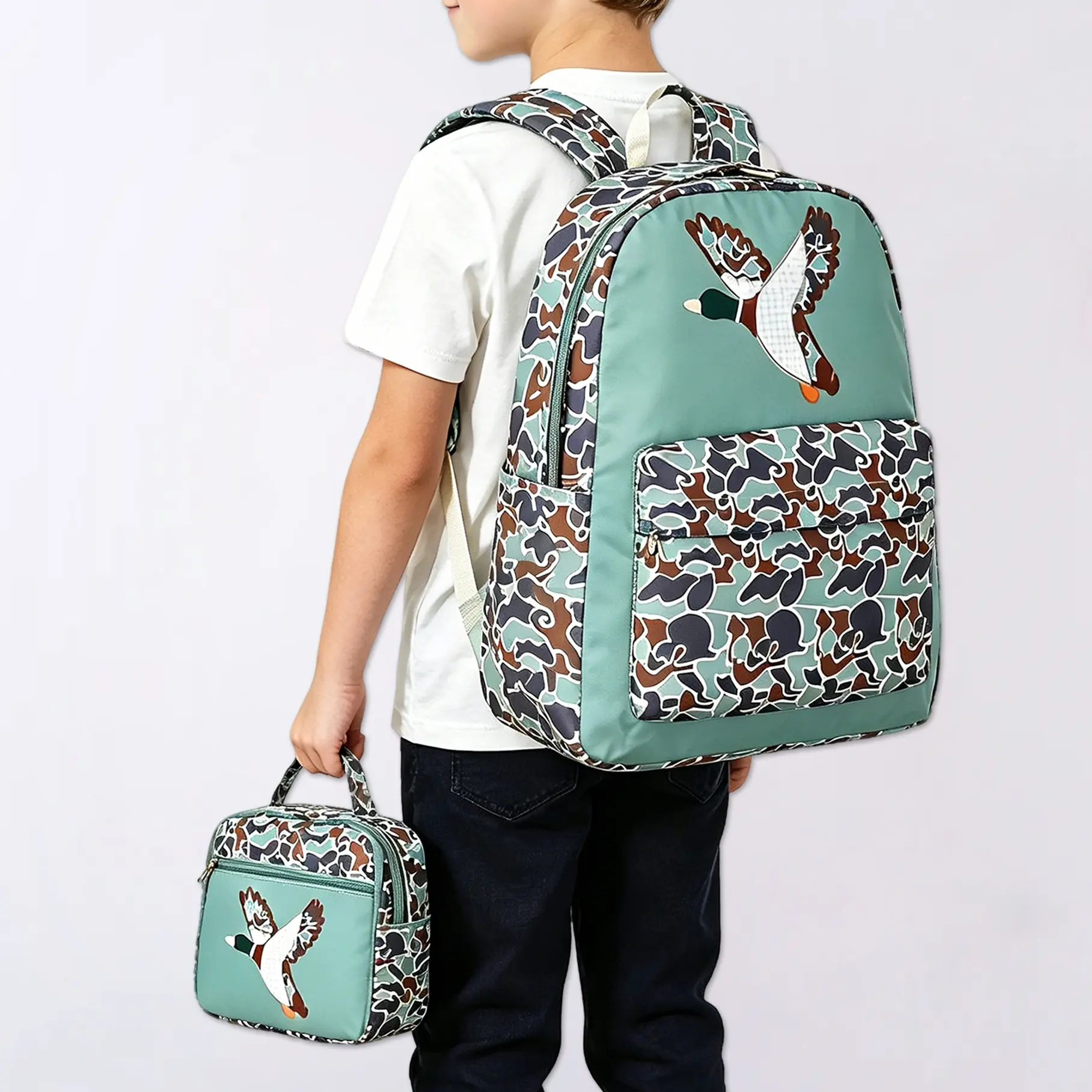 Duck Camo Kids Backpack & Lunch Box Set - Boys Water-Resistant Lightweight Casual Printed Cute Backpacks, Flying Duck Embroidery School Bag for Kindergarten Elementary Back to School, Casual Printed Backpack