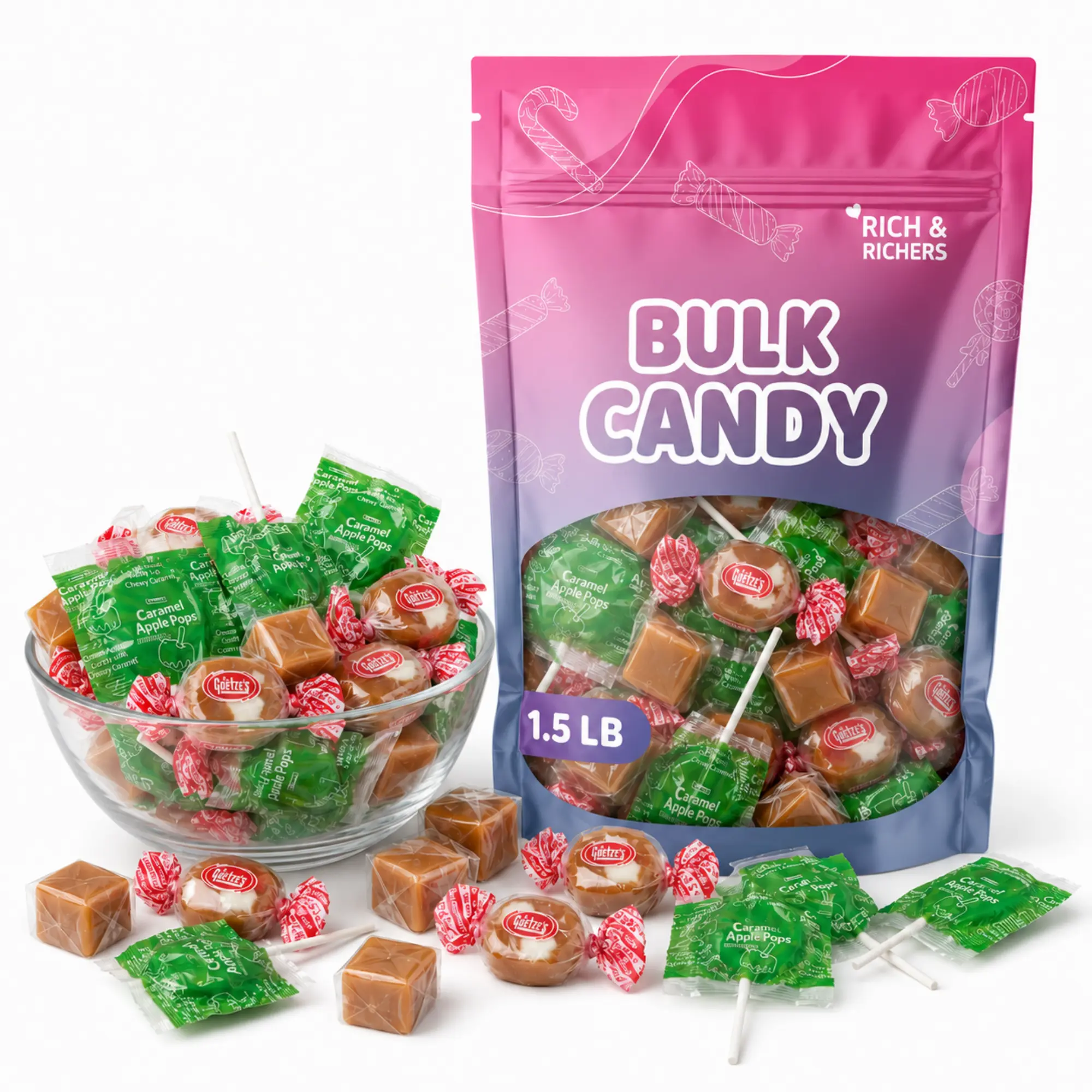 Rich & Richers Ultimate Caramel Variety Mix - Goetzes Creams, Caramel Cubes, Apple Pops - 1.5lb Bulk Individually Wrapped Creamy Tart Treats for Fall Party, Movie Night Dessert Station