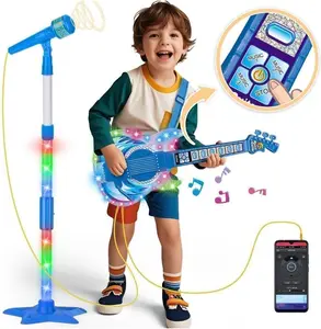 Kids Guitar and Microphone Set, Toy Guitar with Adjustable Volume and Strap, Microphone with Stand and Color Light, Toddler Musical Instrument for 3-5 5-9, Kids Karaoke Machine for Boy Girls