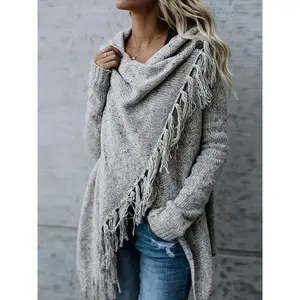 Fringe Hem Button Front Poncho Cardigan, Elegant Long Sleeve Cross Hem Cardigan For Fall & Winter, Women's Clothing Piece Tops Womenswear Aesthetic