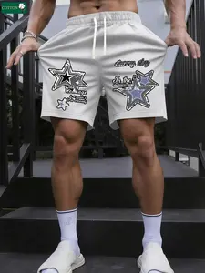 Men’s summer regular-fit cotton shorts featuring a unique star print and lettering. Fashionable casual men’s athletic drawstring elastic-waist shorts with pockets—ideal for running, golf, fishing, basketball, camping, gym workouts, swimming, and the beach