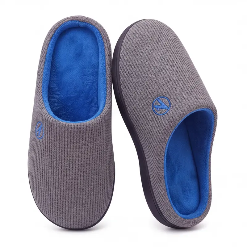 Men & Women Trendy Casual Slide Slippers, Wide Slip-On Loafer Style, Round Toe, Polyester Waffle Knit Upper, Memory Foam Insole, Arch Support, Non-Marking Rubber Sole, Noiseless, All-Season Indoor & Outdoor Home Footwear
