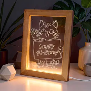 【Birthday Cat Night Light】LED Acrylic Photo Frame with "Happy Birthday" Cat Design, Soft Glow Bedroom Decor, Unique Gift for Cat Lovers, Wife, Girlfriend, Birthday Present Ideas