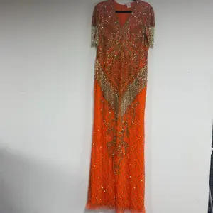 Luxury Long Beaded Dress for Rich Auntie Women's Wear High Class Orange Sequin & Beaded Design Casual Womenswear