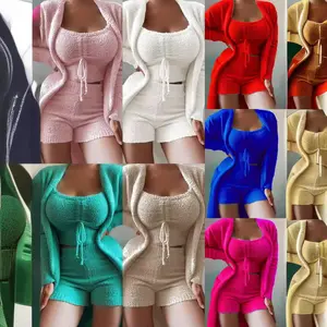 2025 Casual Set Ladies Home Wear Fuzzy Three Piece Set Lace Up Pajama Set