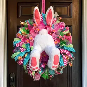 Easter Rabbit Design Wreath, Clearance，1 Count Cute Bunny Wreath, Wall Hanging Decor, Indoor/Outdoor Easter Tree & Window Ornament, Holiday Decoration, Mixed Floral Wreath