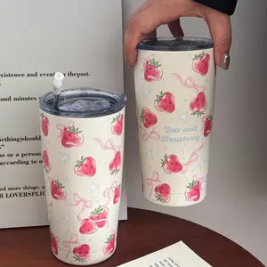 Strawberry Pattern Leak Resistant Tumbler, 1 Count 20oz Stainless Steel Insulated Tumbler, Portable Coffee Cup, Drinking Cup for Home Office Outdoor Car, Drinkware