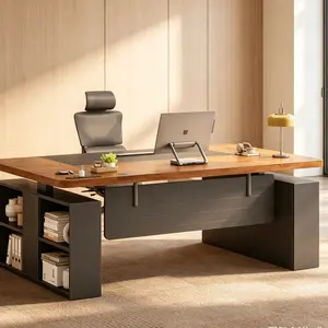 63" Sturdy Computer Desk - Modern Rectangular Top Executive Height-Adjustable Wood Workstation with Built-In Charging, Open Shelf, Privacy Panel for Office, Home Use, Furniture-Style, Durable, Heavy Duty Office Furniture, Furniture-Style Computer W