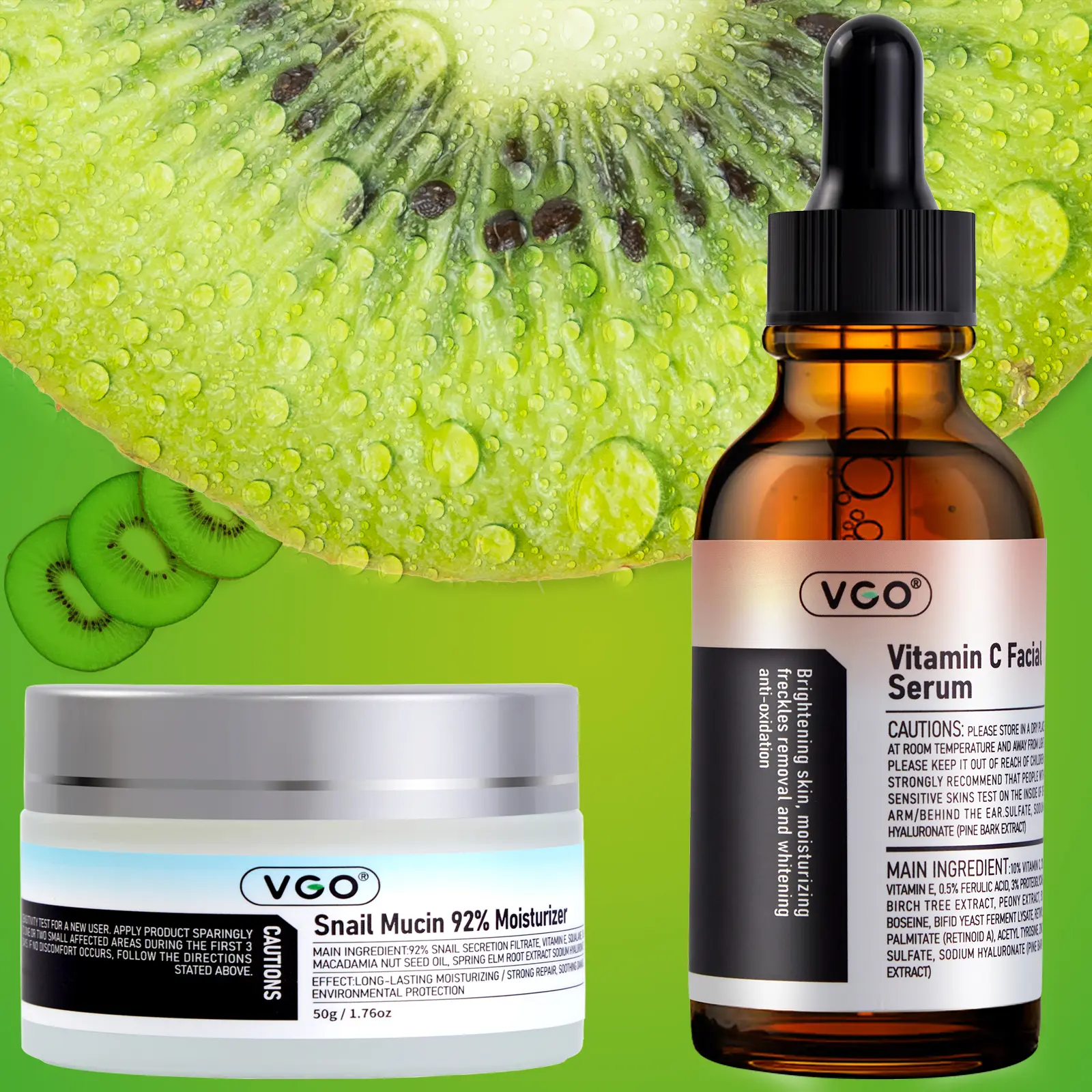 VGO 92% Snail Mucin Cream & Vitamin C Serum Duo Skincare Kit, 50g Moisturizer for Women, Daily Moisturizing & Repairing Facial Care for Sensitive Skin Types